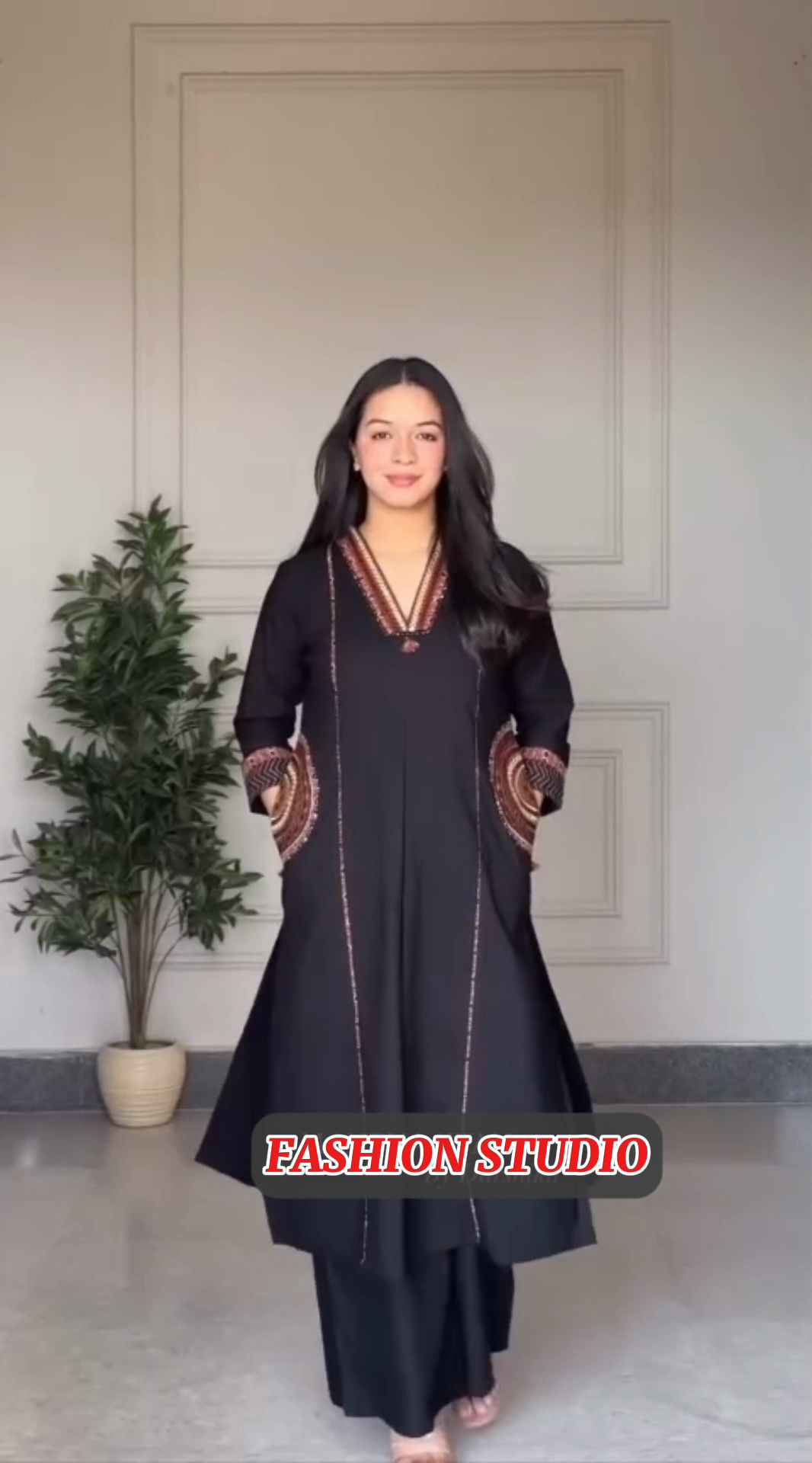 Black Silk 2-Piece embroidered Suit with side Pockets style